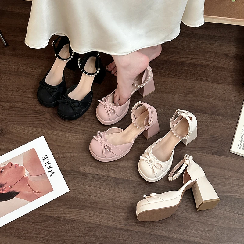 法式蝴蝶结粗跟玛丽珍鞋女2025新款春夏季仙女风配裙子甜美高跟鞋