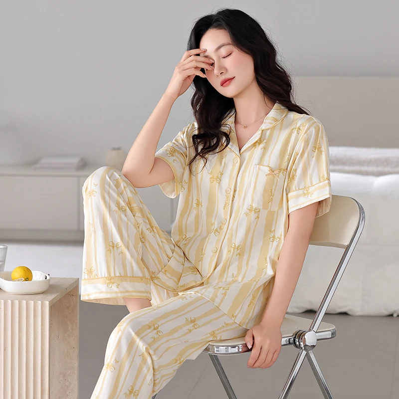 睡衣女夏天条纹短袖长裤纯棉薄款夏季翻领开衫减龄休闲家居服套装