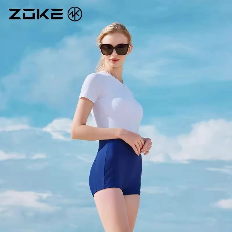 zoke女士泳衣女温泉保守连体运动夏游泳馆防晒平角撞色游泳衣洲克