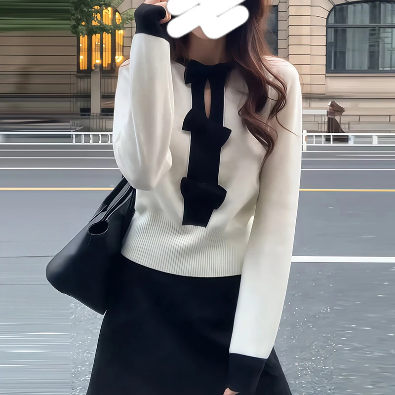 2025秋冬新款法式千金风蝴蝶结镂空收腰显瘦拼色长袖针织衫女上衣