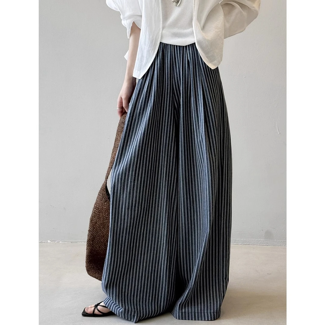 竖条纹休闲裤女2025夏季新款极简慵懒风宽松松弛感阔腿裤拖地长裤