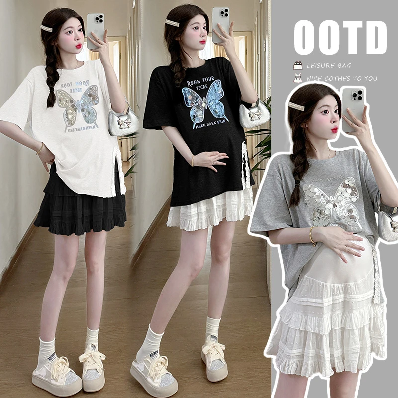 孕妇装上衣夏季时尚洋气减龄百搭开叉亮片蝴蝶结T恤＋托腹短裙套装