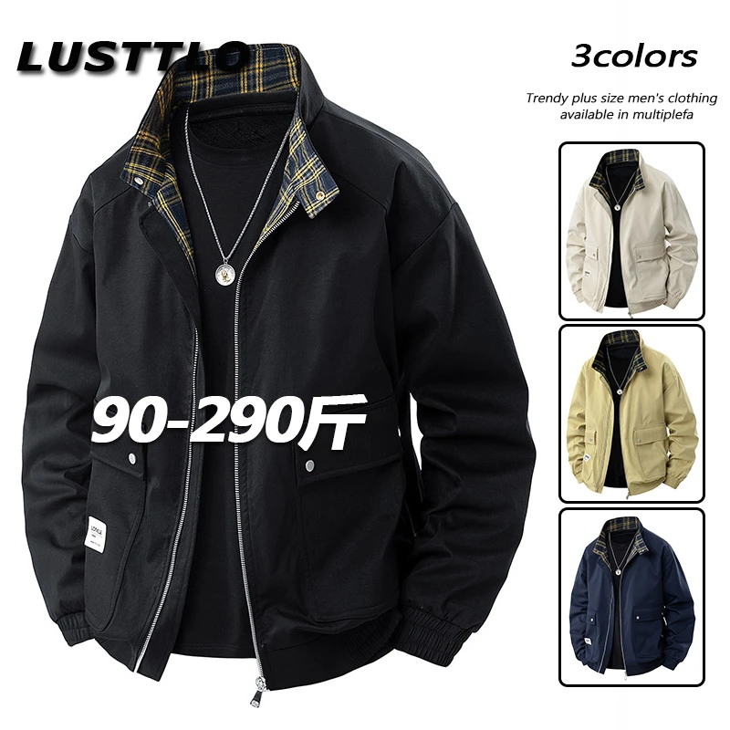 春秋季复古高级夹克衫拼接潮流百搭男款轻奢宽松休闲格子翻领外套