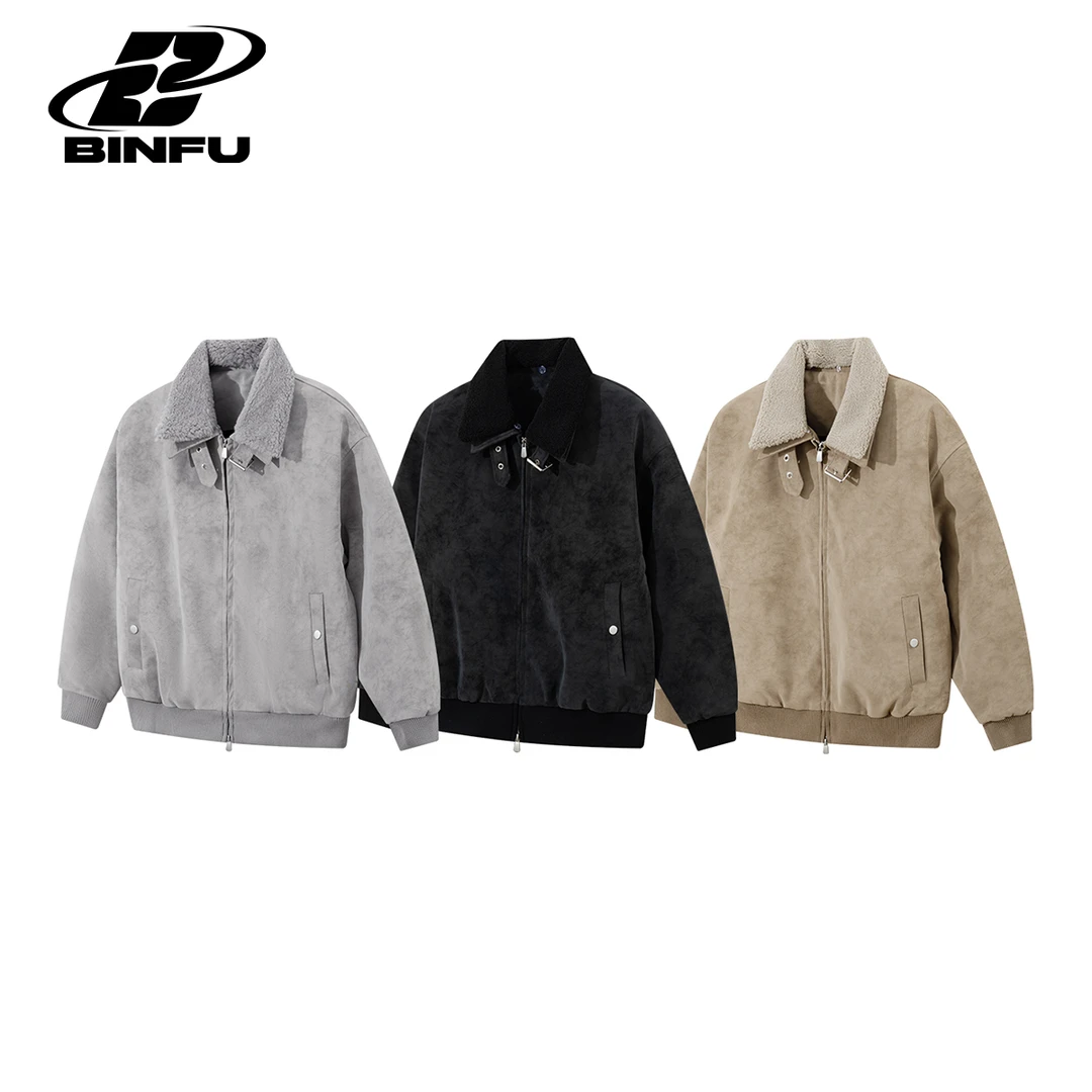 BINFU 冬季加厚款男女同款情侣装宽松美拉德复古风做旧皮棉服外套