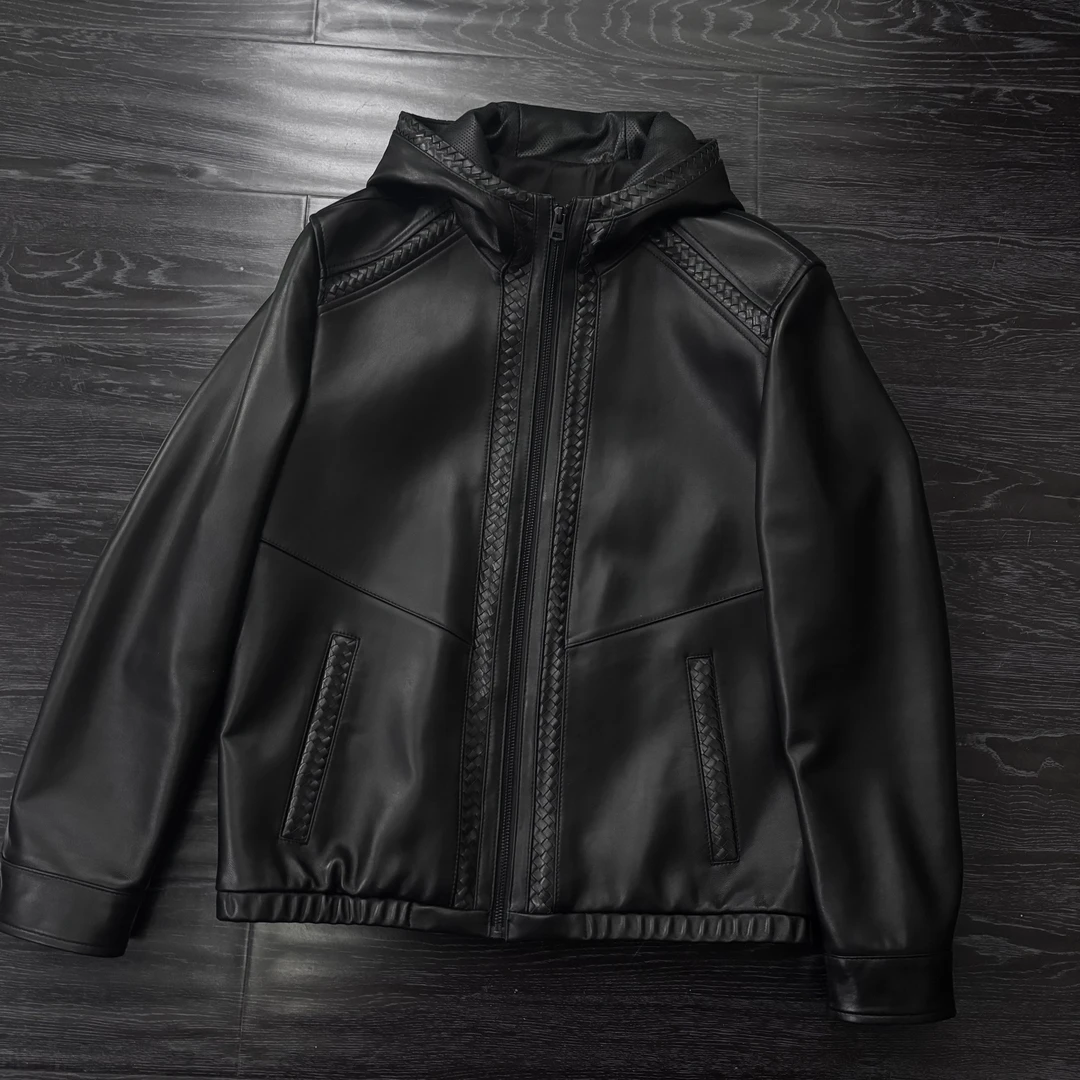 海宁2025源头真皮编织新款连帽男士百搭头层真皮绵羊皮夹克外套