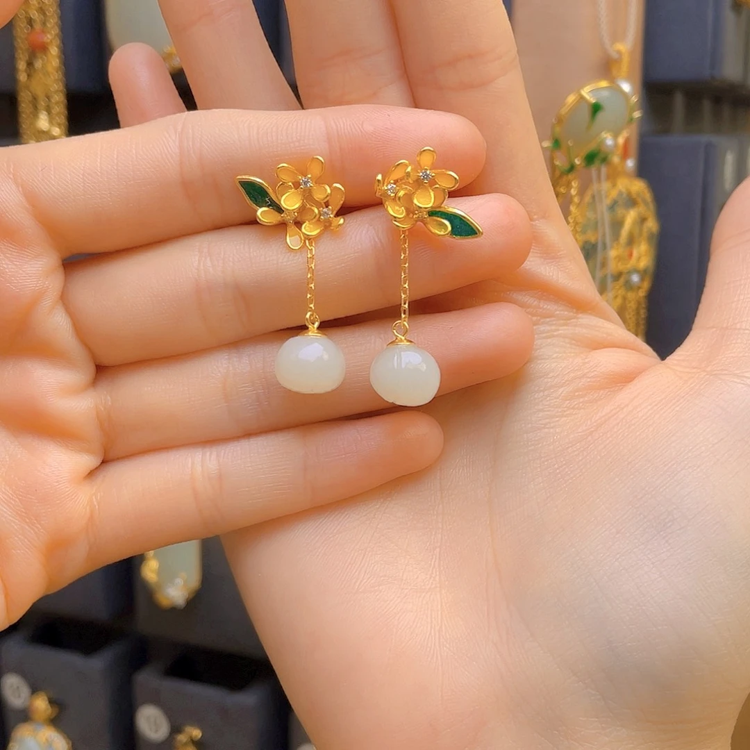 和田玉耳饰银S925镀金镶嵌