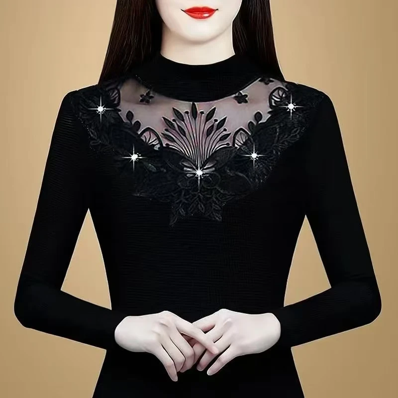 打底衫女时尚蕾丝打底衫女长袖修身百搭半高领洋气秋冬加绒小衫