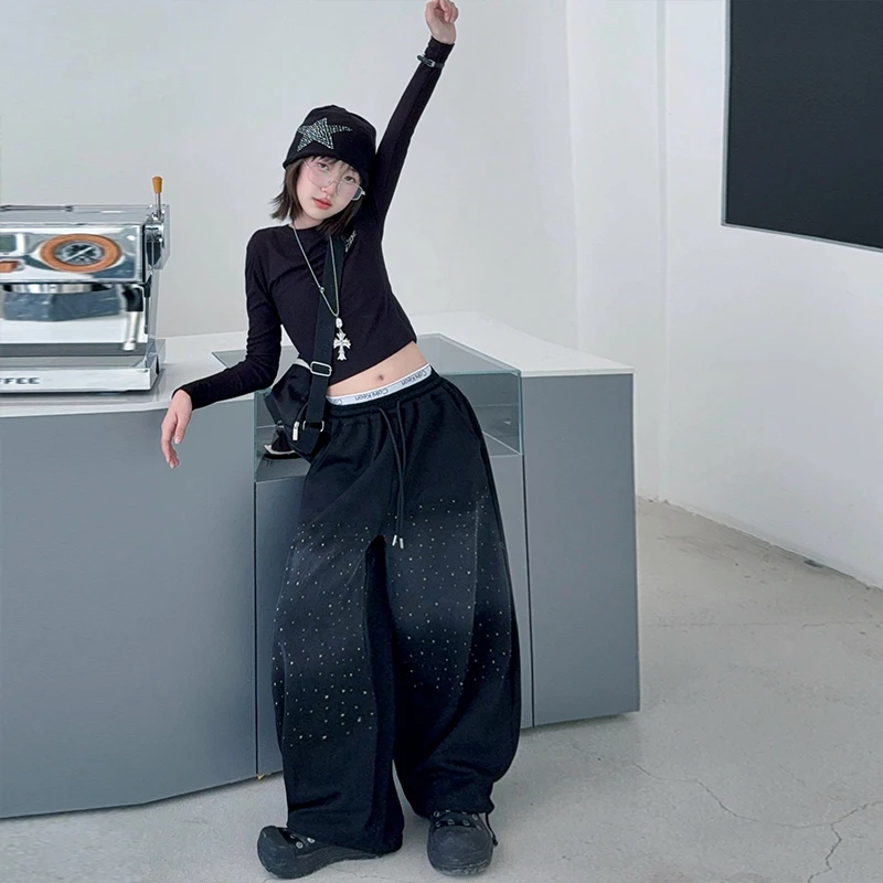 【嘻嘻柚】女童2026春季长袖打底衫垂感满天星烫钻渐变运动卫裤套装