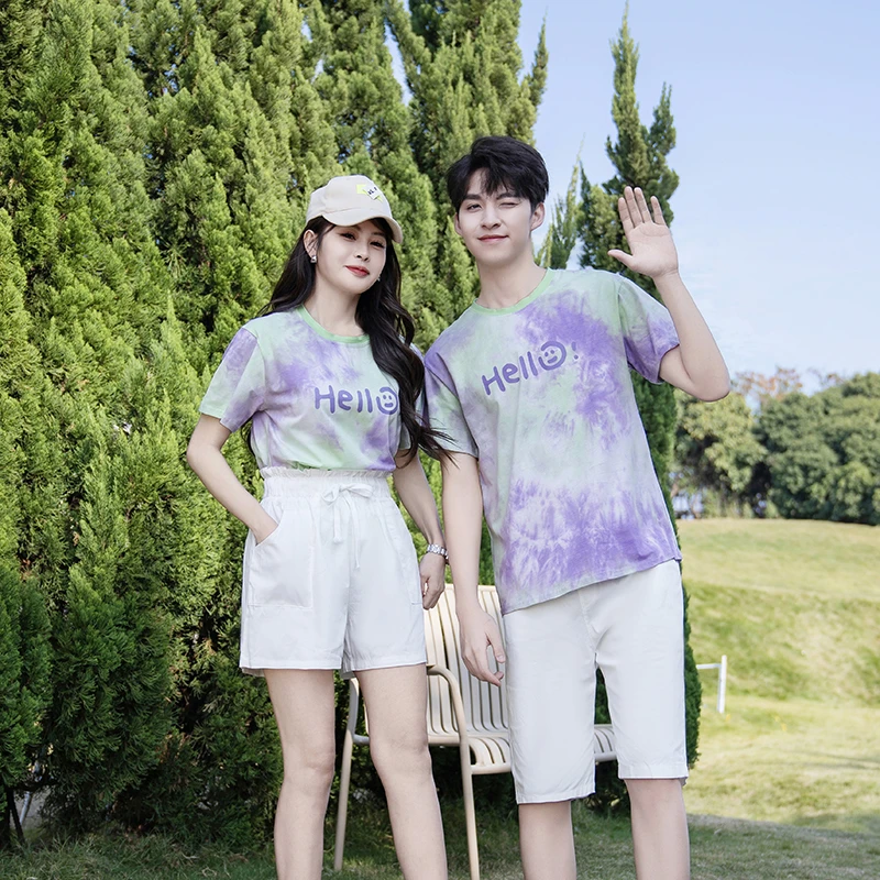 情侣装夏季扎染短袖休闲套装薄款休闲风女时尚宽松潮流运动亲子装