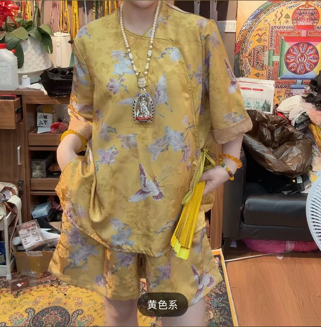 深圳89579新中式香云国风提花套装上衣+短裤两件套