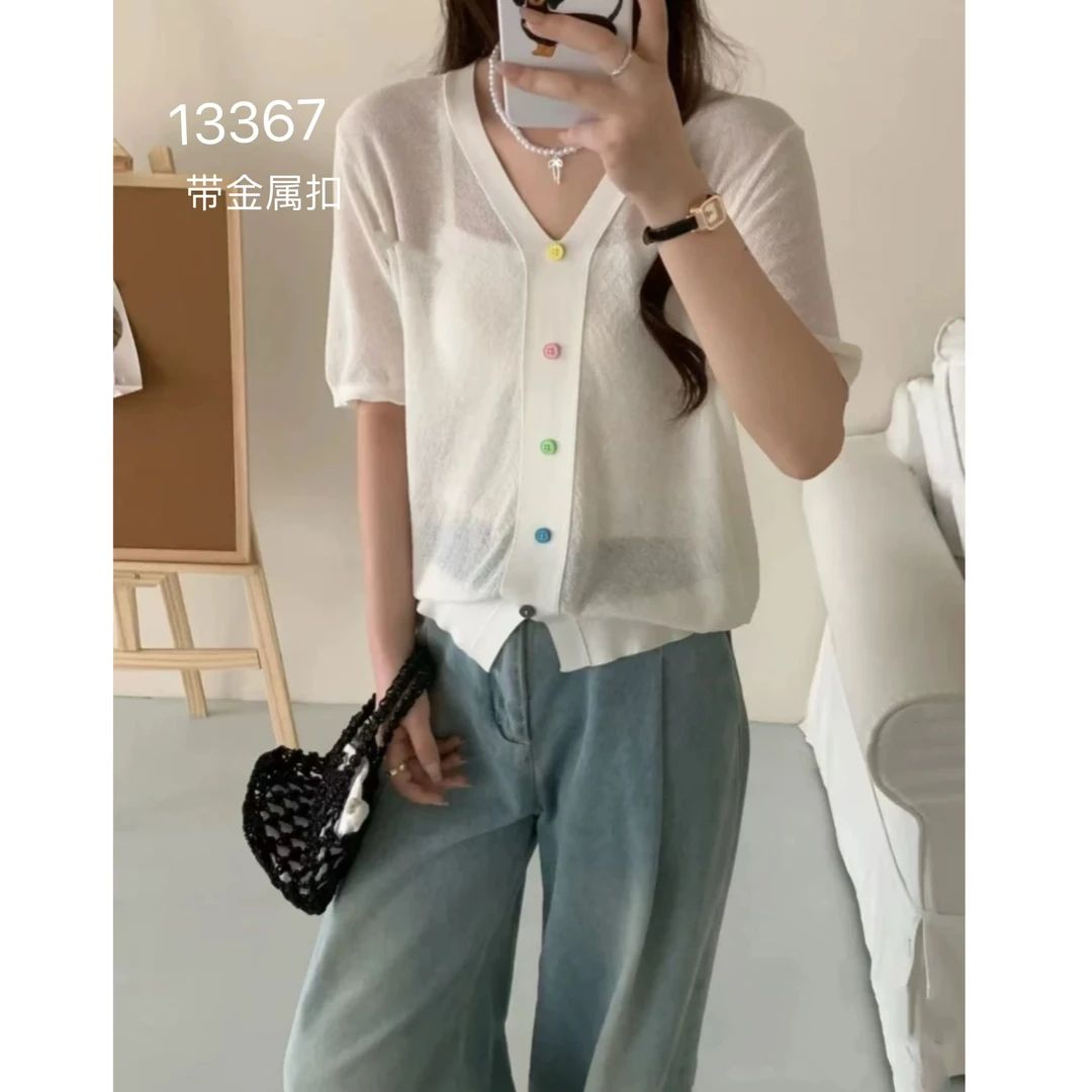 13367（部分无水洗唛，介意慎拍）WANGDAN新款V领彩色扣短袖