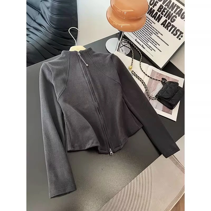 简约通勤立领鱼骨德绒长袖T恤秋冬新款修身显瘦百搭拉链开衫上衣