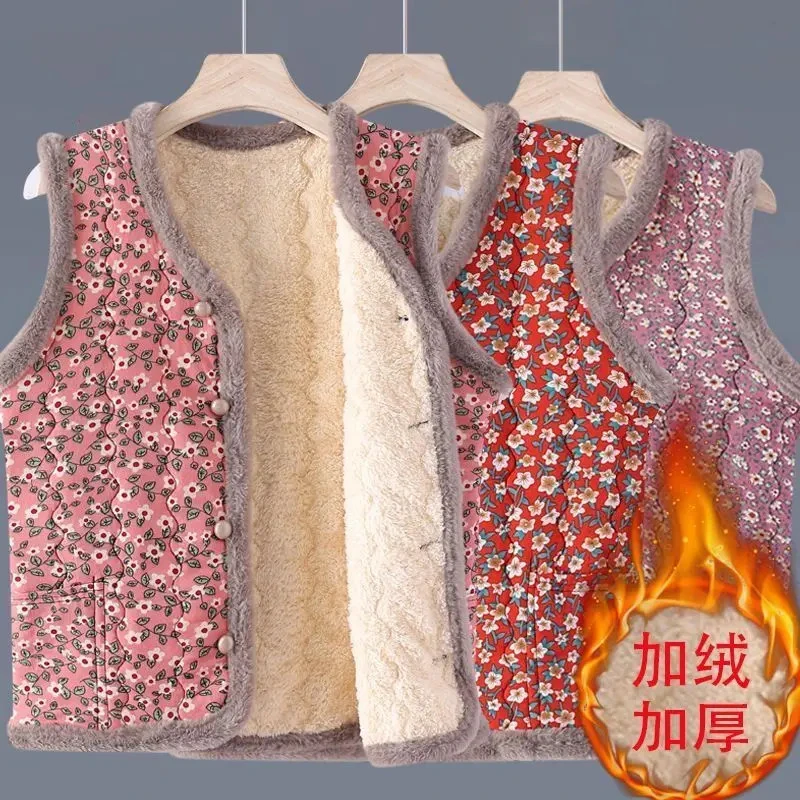 中老年新款妈妈坎肩奶奶加绒碎花秋冬马甲女外套加厚保暖外穿背心
