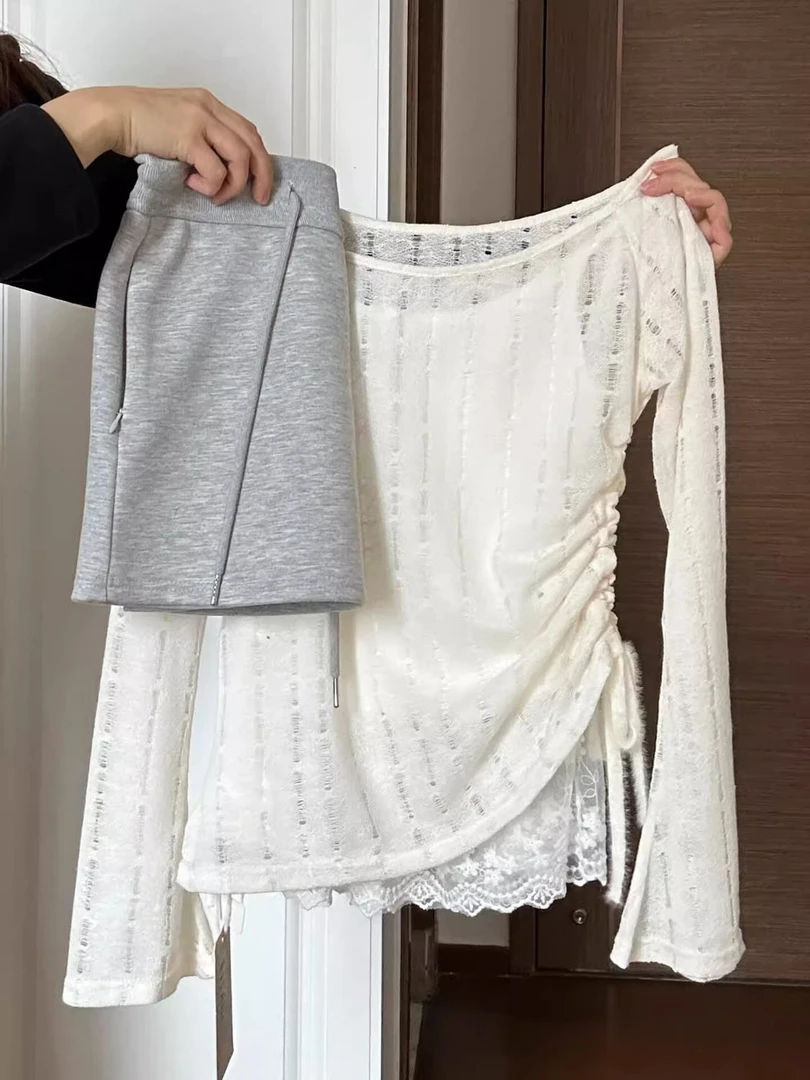 胖mm大码300斤纯欲风减龄镂空针织罩衫蕾丝拼接吊带背心女两件套2