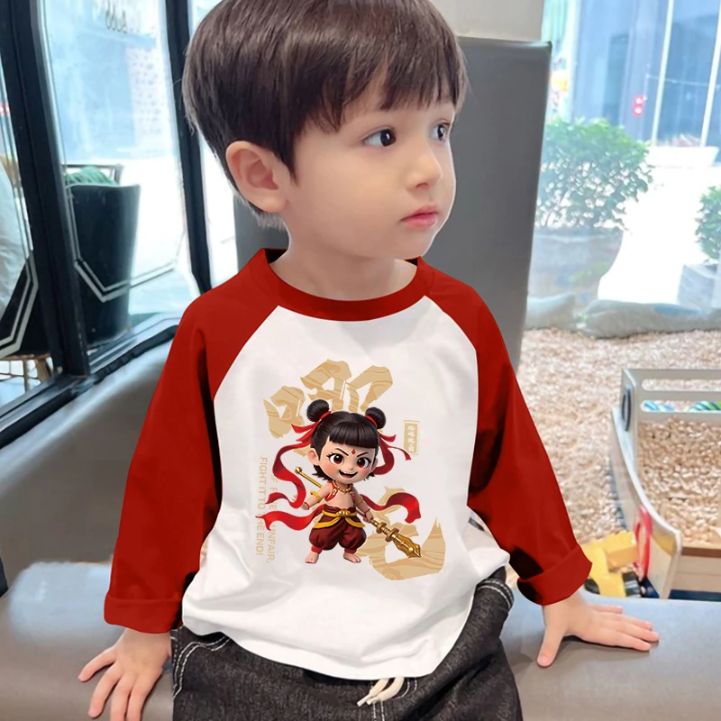 100%纯棉男童哪吒款长袖上衣春秋季儿童百搭T恤男宝宝中国潮衣服
