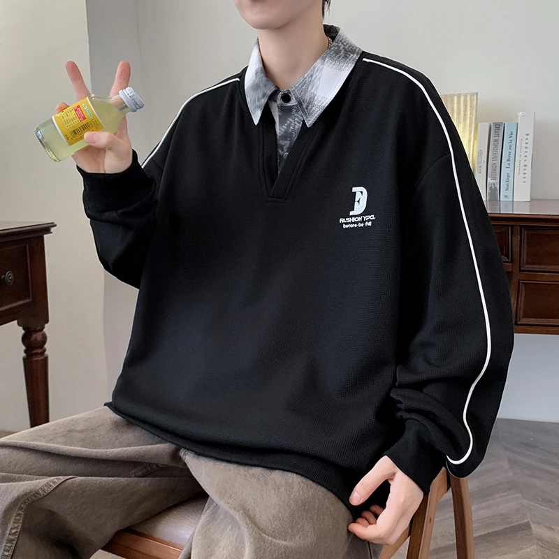 青少年卫衣男新款百搭假两件衬衫翻领学生打底宽松美式休闲长袖T