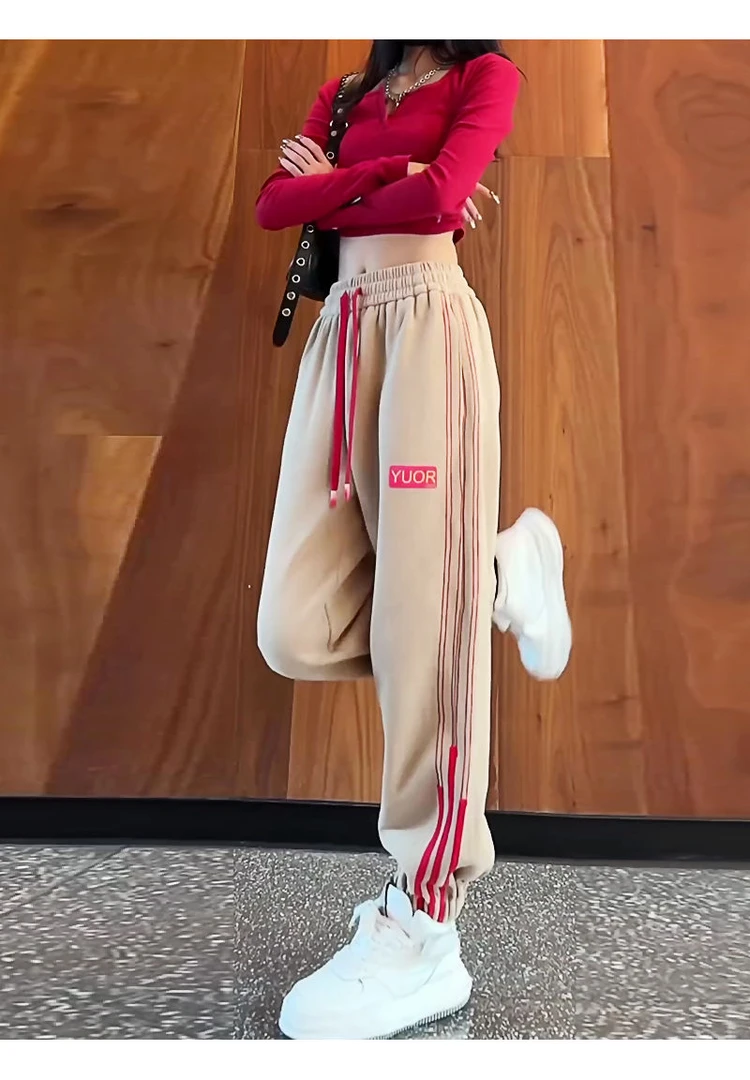 时尚百搭加绒条纹裤女秋冬季2025新款洋气显瘦长裤宽松运动裤卫裤