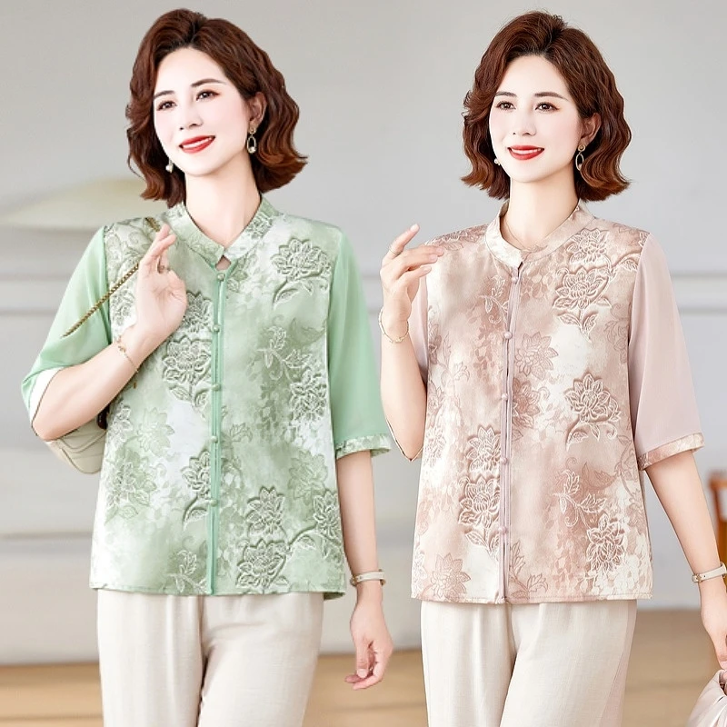 妈妈衬衫夏季印花五分袖小衫上衣中式中老年洋气气质新款宽松女装