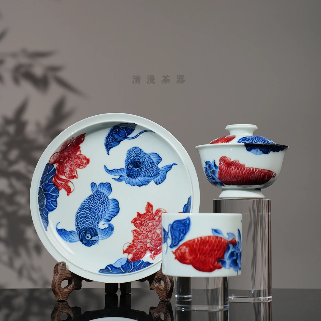 屹朴堂青花釉里红和气生财茶具 高档全手工手绘茶具送礼喝茶茶碗