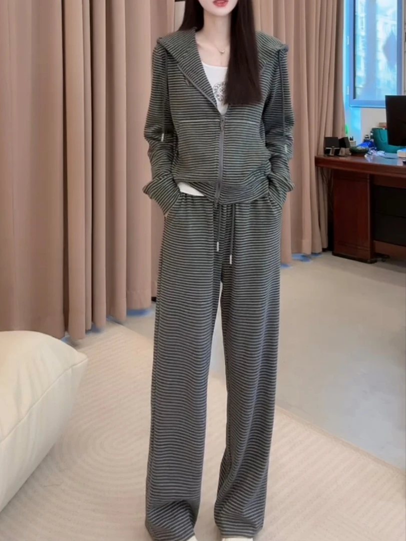 秋季新款慵懒风时尚松弛感条纹套装带帽卫衣抽绳卫裤显瘦两件套