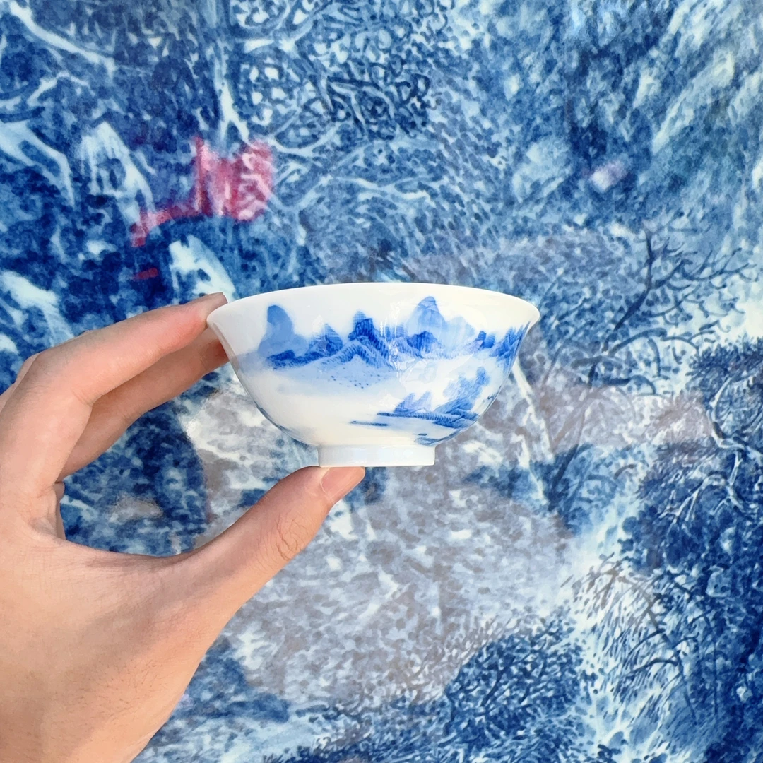 青花山水图案景德镇普洱杯主人杯单杯茶杯