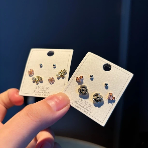 925银合成锆石耳饰 3对装花朵小动物元素拼色s925银耳钉-0401