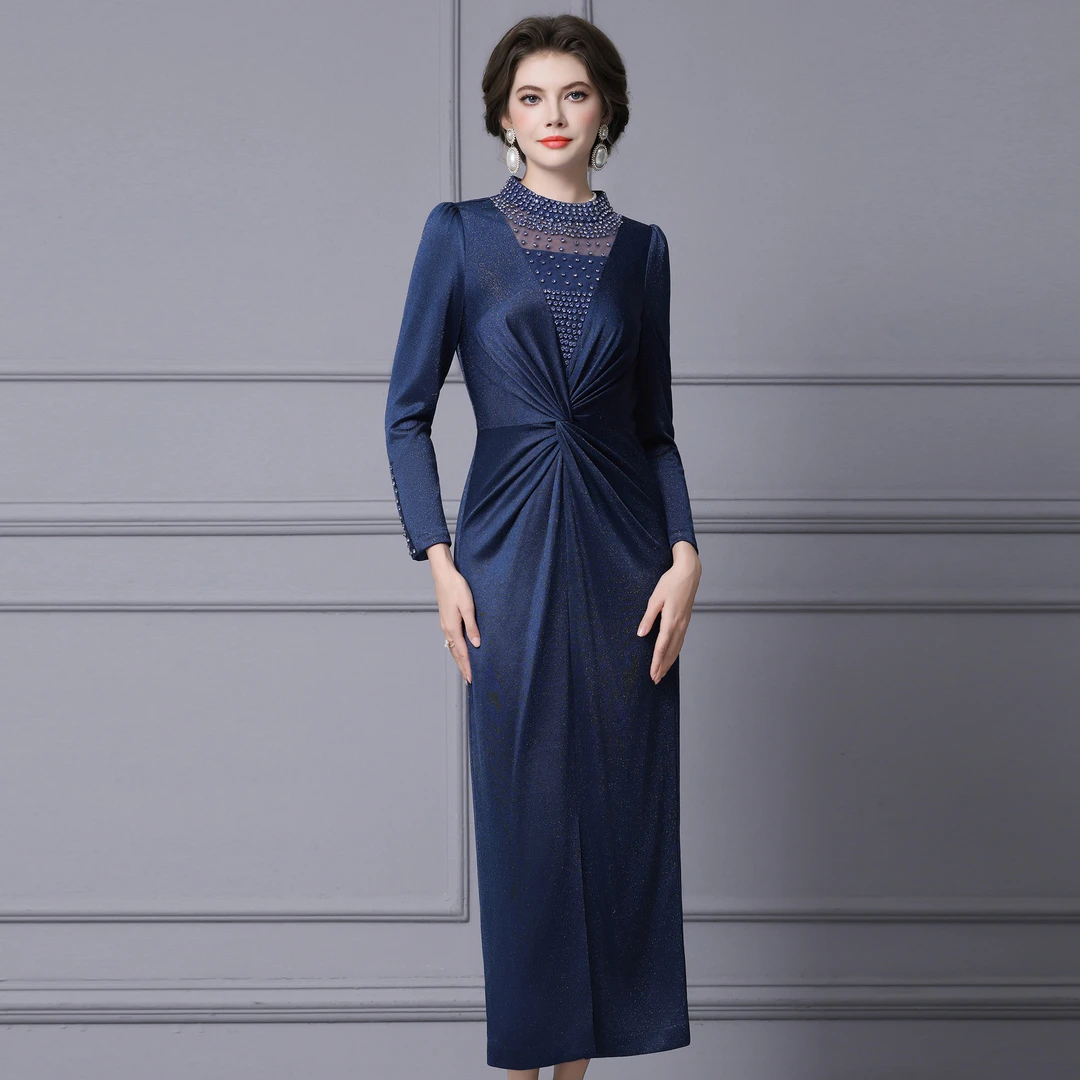 智丽高级感宴会连衣裙钉钻扭结微胖重要场合洋气长裙子2025新款秋