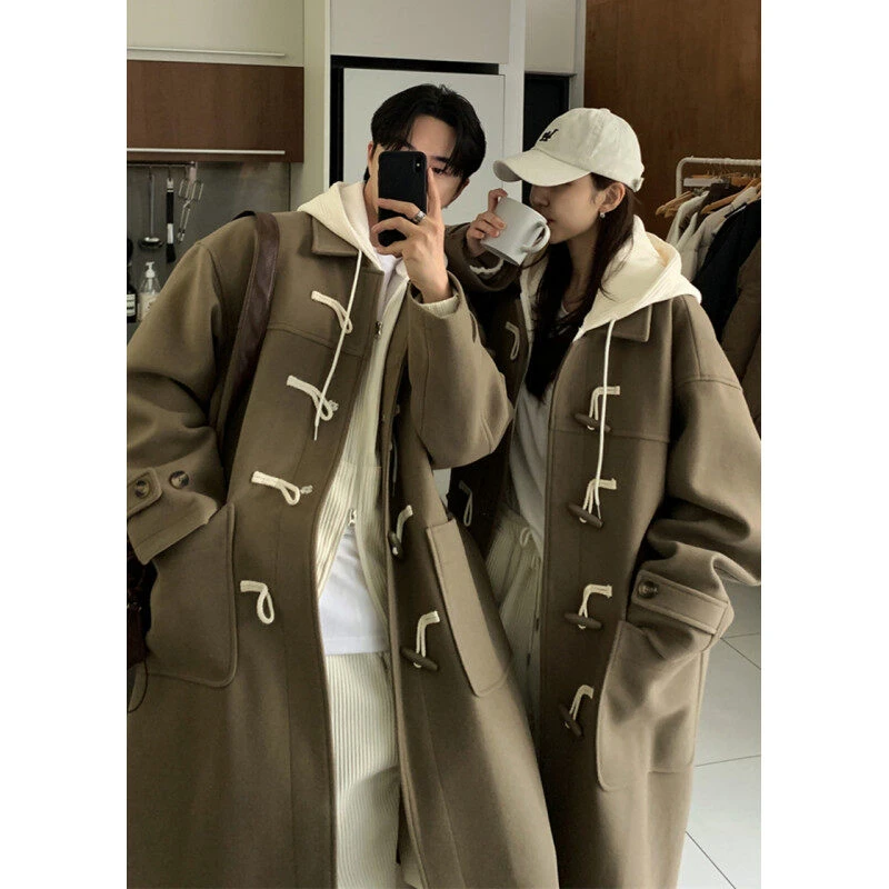 牛角扣毛呢大衣男冬季中长款加厚高级感情侣风衣韩系穿搭呢子外套