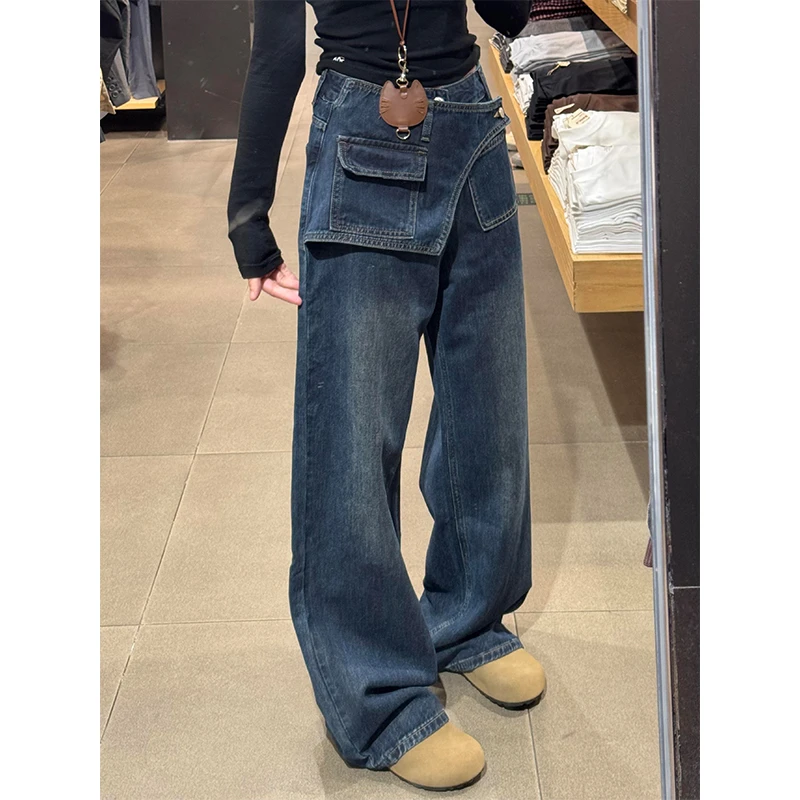 假两件美式深蓝色窄版直筒牛仔裤阔腿宽松女士2025新款裤子松弛感