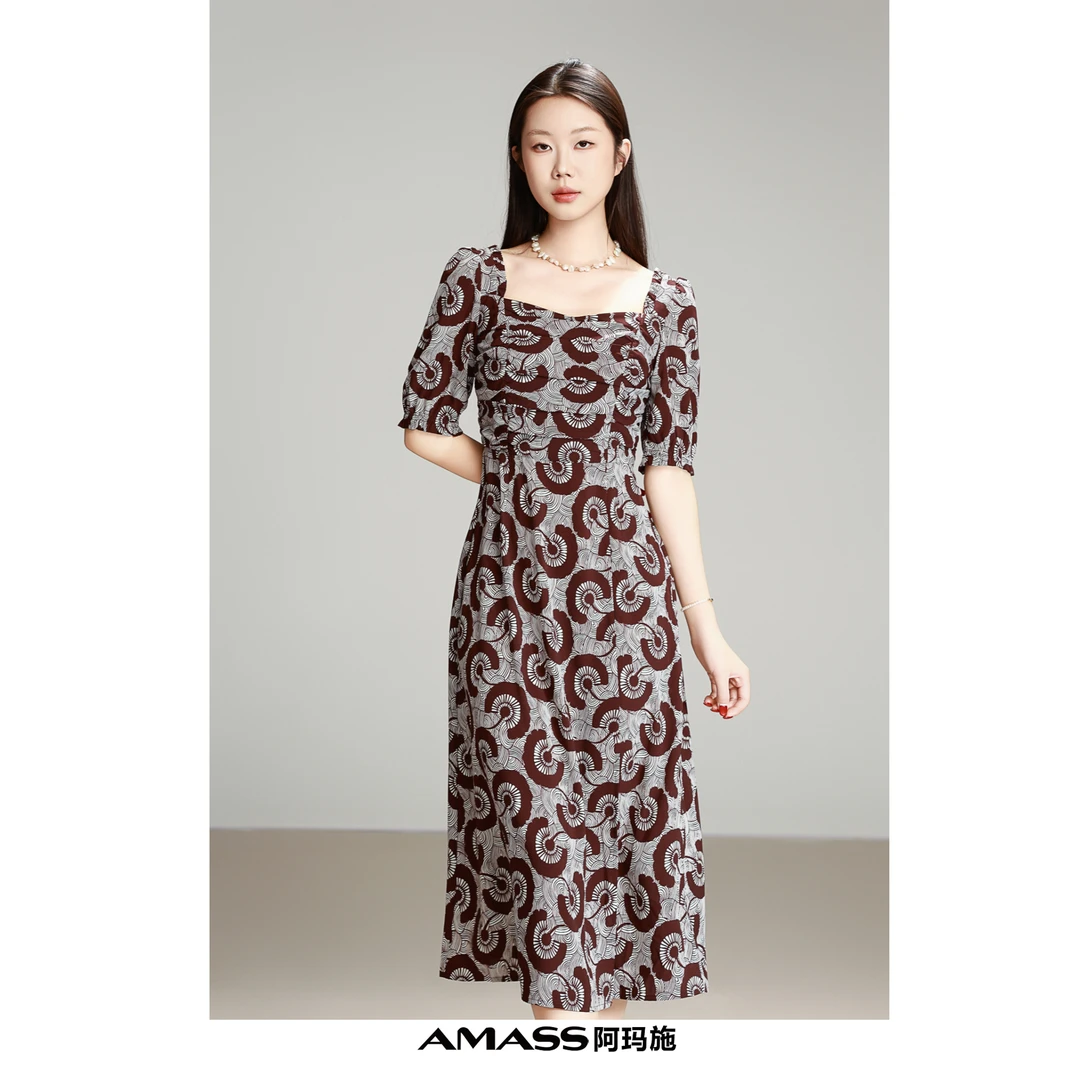 AMASS/阿玛施550046新款时尚复古优雅印花方领抓褶设计长款连衣裙