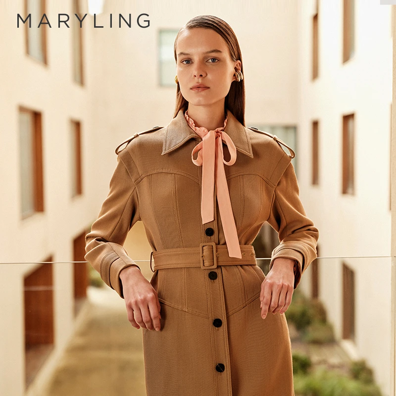MARYLING玛俪琳2025秋季新品翻领系带长款风衣式大衣A1FGW93010