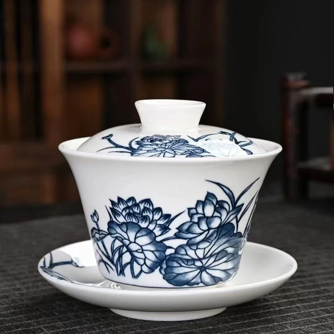 青花荷韵三才悬停盖碗家用可悬停旋转茶碗0743