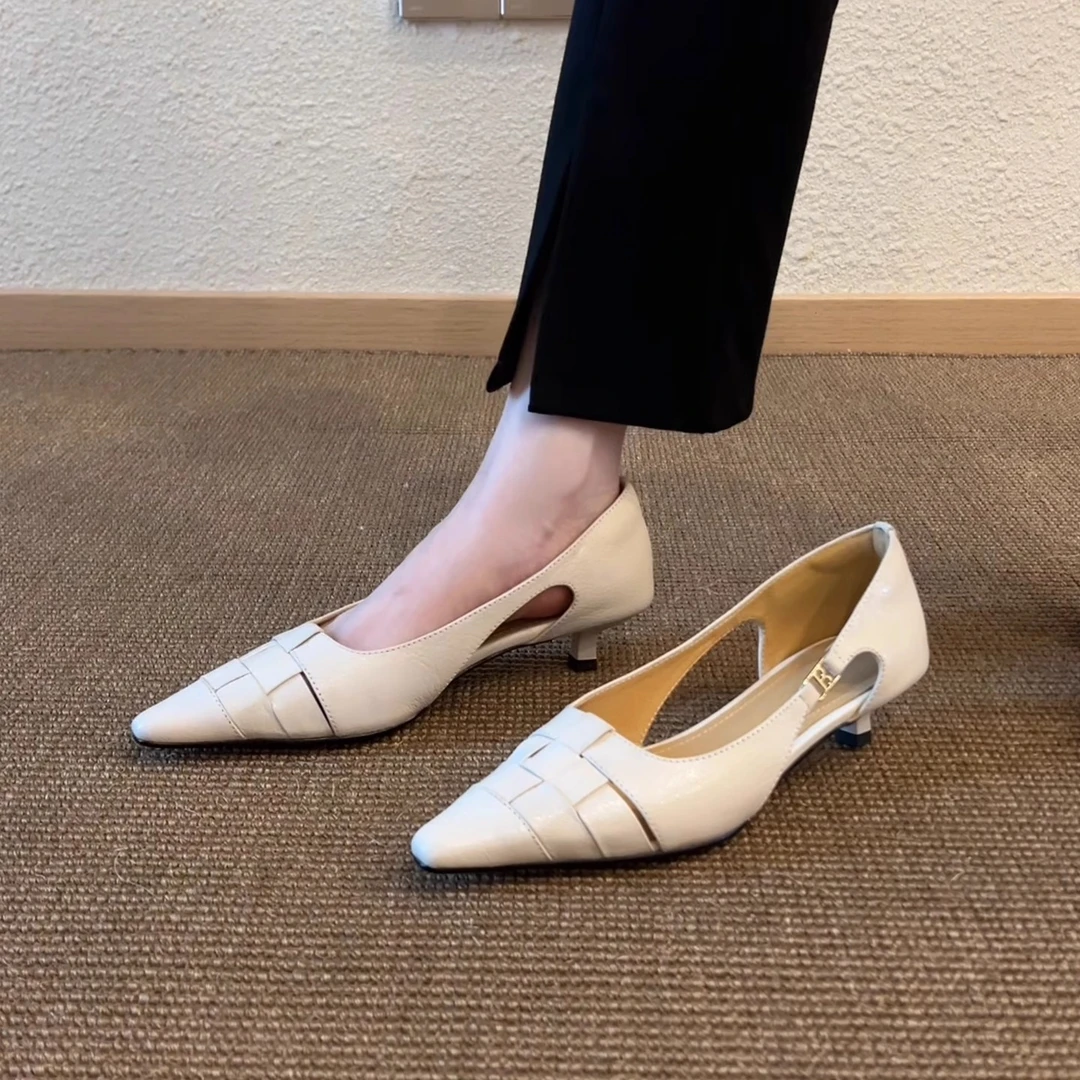 Pokoy-3.5cm法式复古尖头细跟平底鞋女气质百搭皮鞋编织