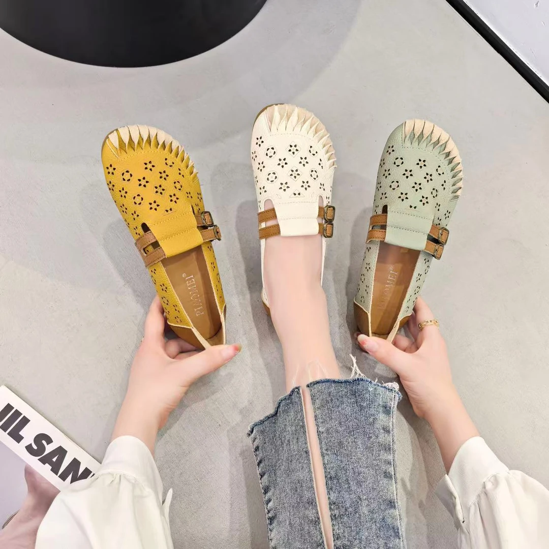 女鞋夏季民族风百搭舒适透气防滑豆豆鞋韩版皮鞋镂空