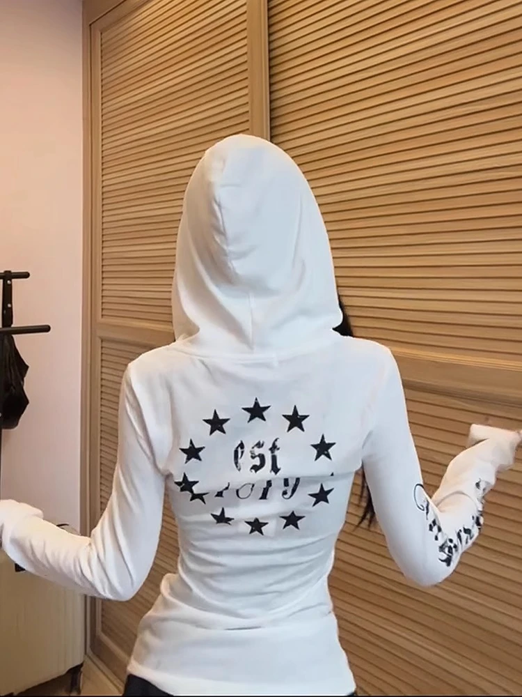 美式复古哥特风印花长袖连帽t恤女夏季朋克防晒罩衫修身薄纱上衣