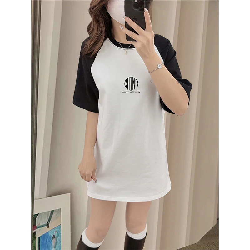 搭配鲨鱼裤拼色磨毛短袖t恤女中长款韩版宽松上衣打底衫2025春秋