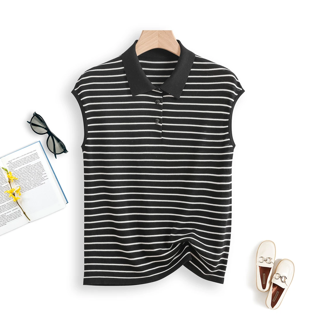 2025针织透气包肩袖显瘦气质小翻领T恤女MG7070