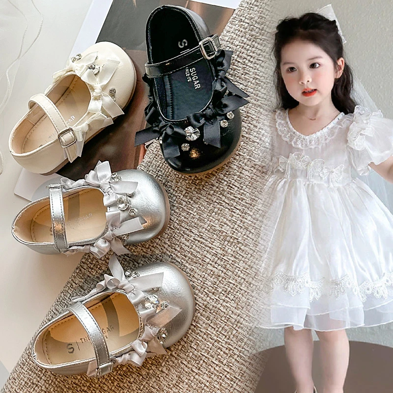 女童公主鞋水钻蝴蝶结洋气小皮鞋2025春秋新款小女孩亮面时尚单鞋
