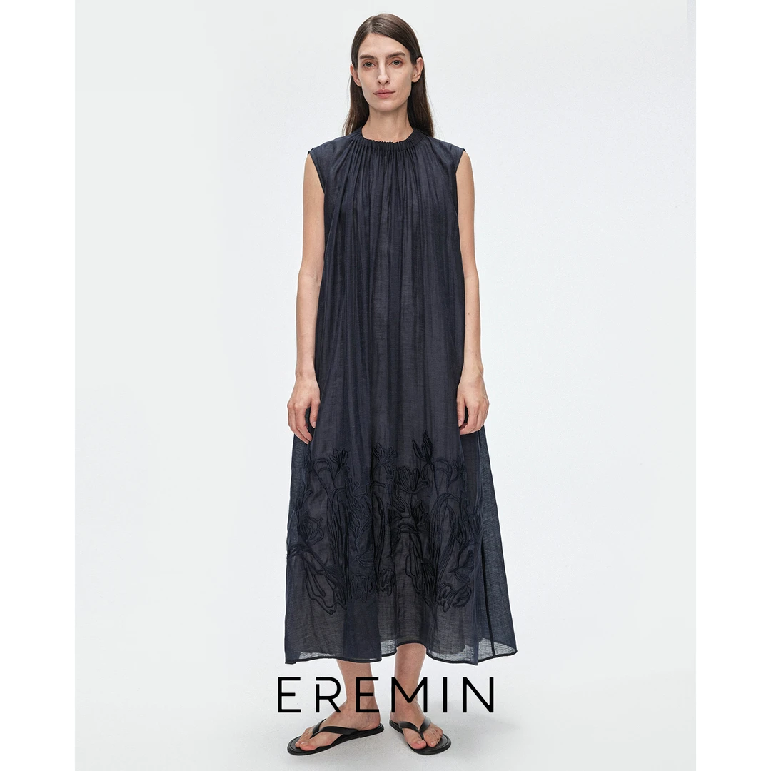 DE Mincollection藏青花卉裙/重工绣花压褶假两件无袖连衣裙55556