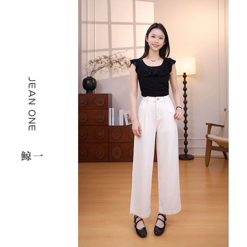 【JEAN ONE】2025夏款冰丝麻丹宁蓝松紧腰百搭九分直筒阔腿牛仔裤女