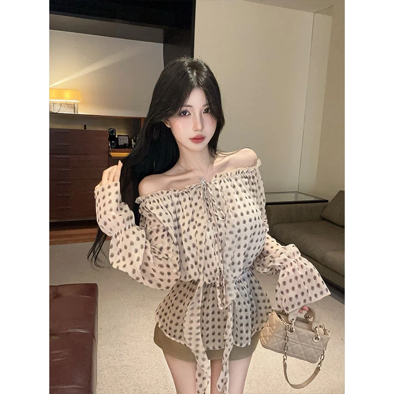 温柔一字肩衬衫女抽褶系带长袖雪纺衫上衣女修身显瘦包臀半身裙裤