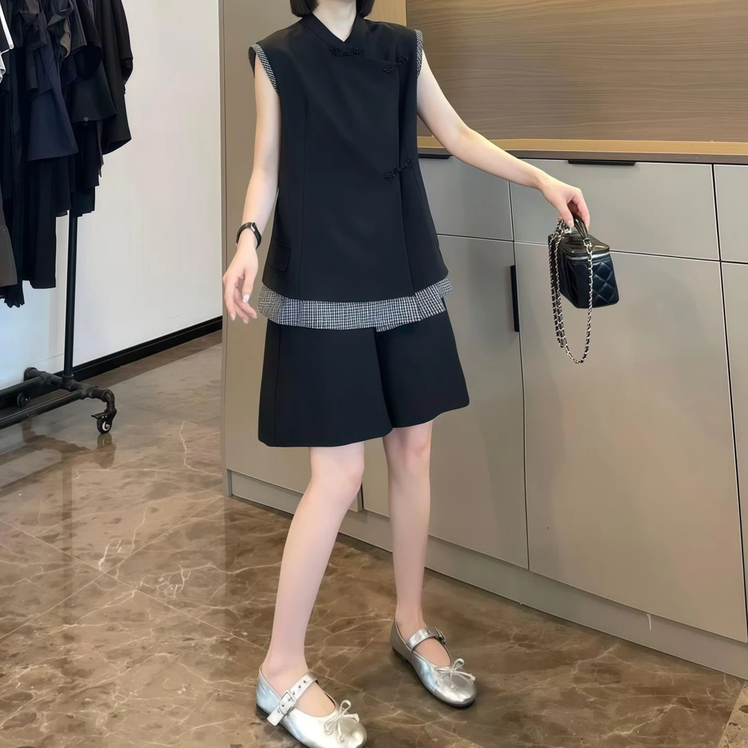 新中式拼接格纹套装女2025夏季大尺码胖MM洋派显瘦马甲 裤子两件