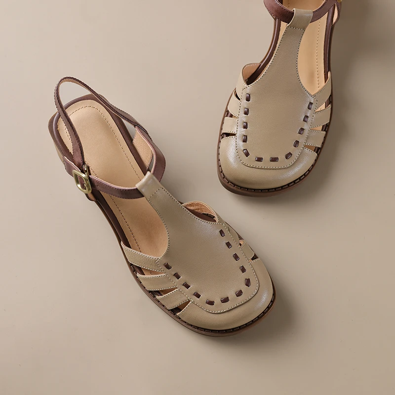 断码清仓羊皮包头凉鞋女2025年夏季新款粗跟丁字带猪笼鞋镂空女鞋