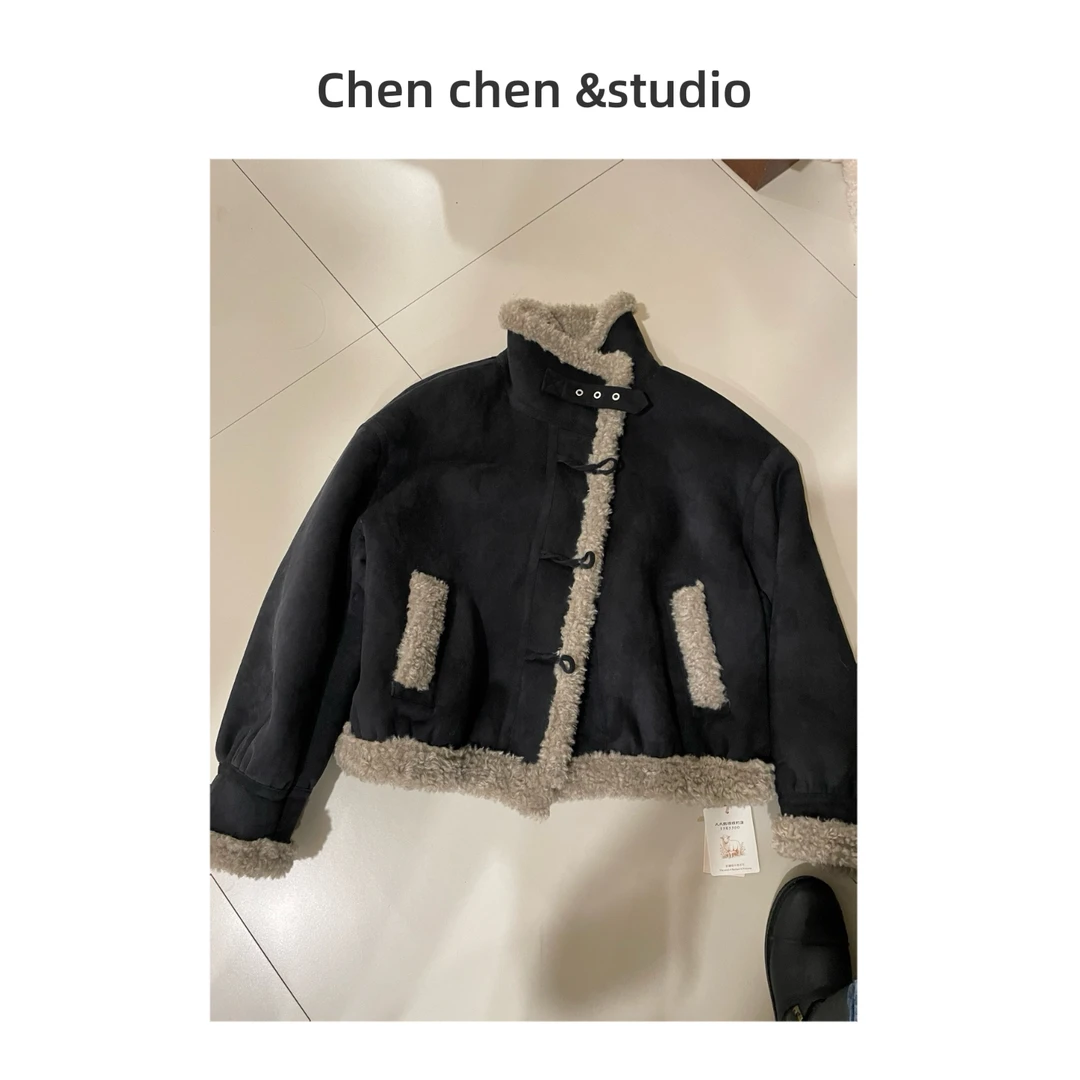 【立领羔羔毛机车服】冬季加厚保暖宽松显瘦短款深灰外套女慵懒百搭