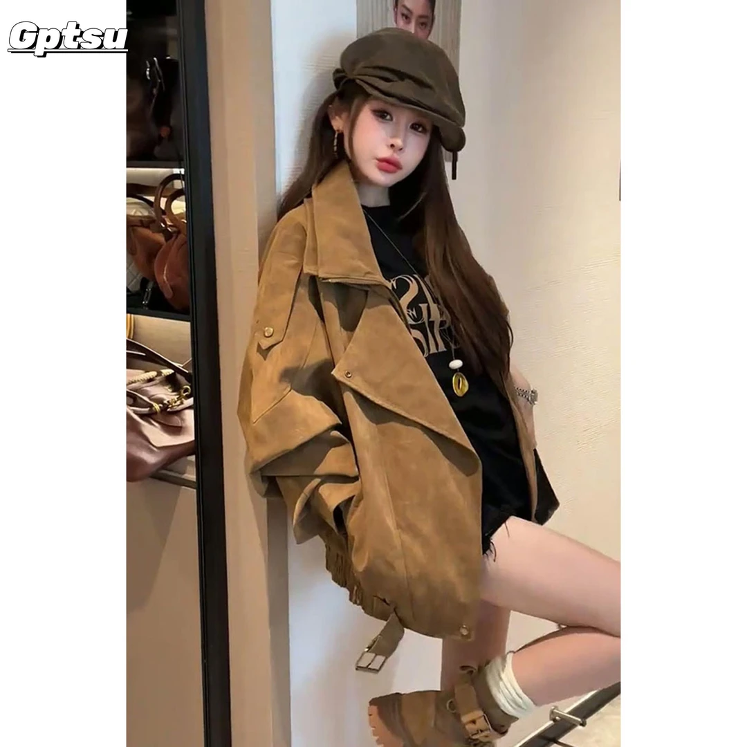 GPTSu美拉德复古棕色外套女冬季高级感宽松翻领廓形感夹克上衣
