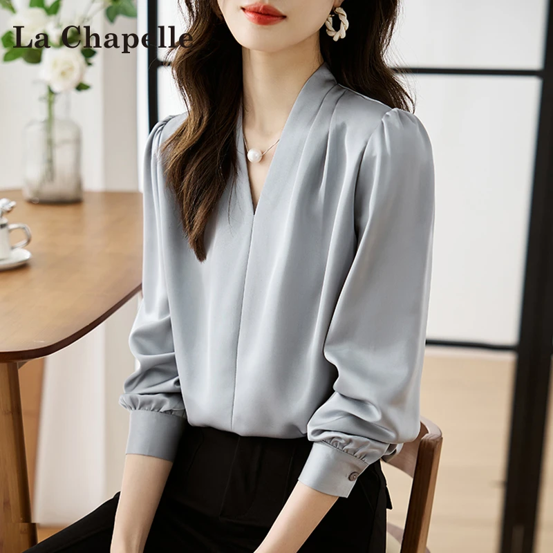 拉夏贝尔美式洋气V领衬衫女夏季2025新款高级感通勤长袖休闲上衣