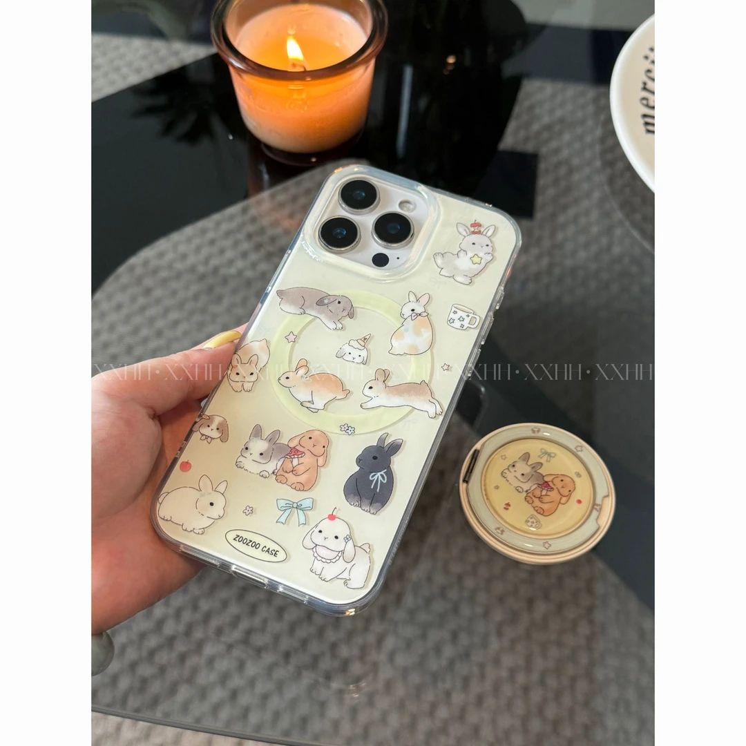 双层磁吸米黄底花朵蝴蝶结兔子支点手机壳适用于苹果16全系列机型