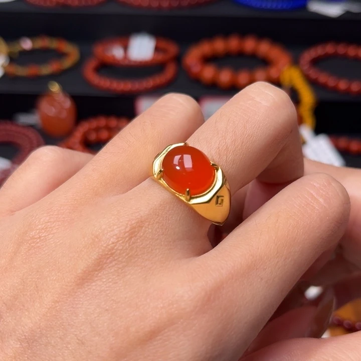 南红玛瑙银S925镶嵌戒指冰红戒指