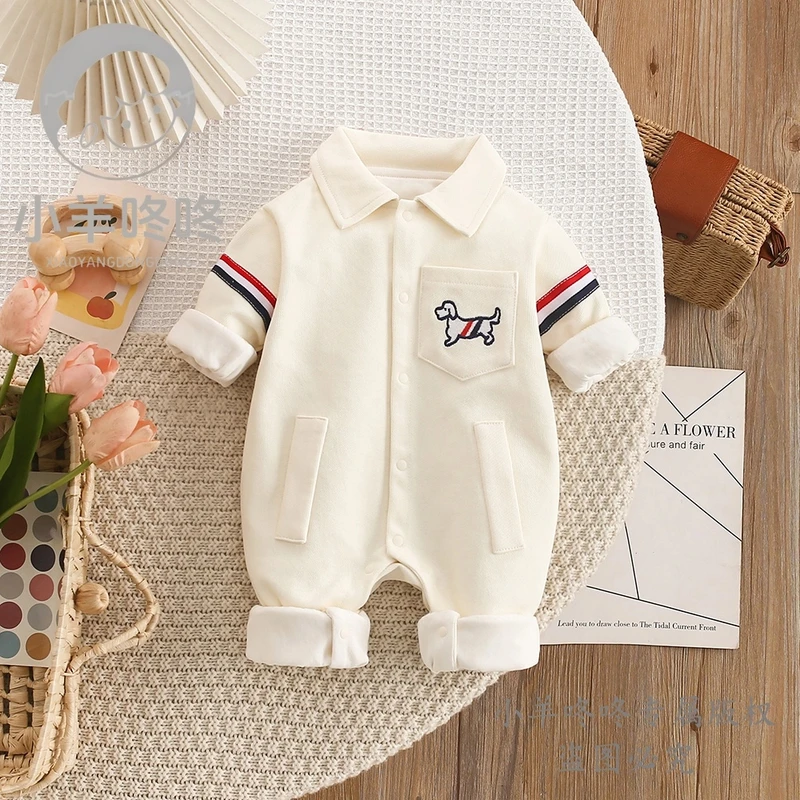 【诚】春秋新款男女宝宝可爱简单大方双层香肠狗连体哈衣爬服