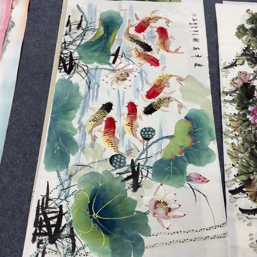 国画140×70金线鱼画画画